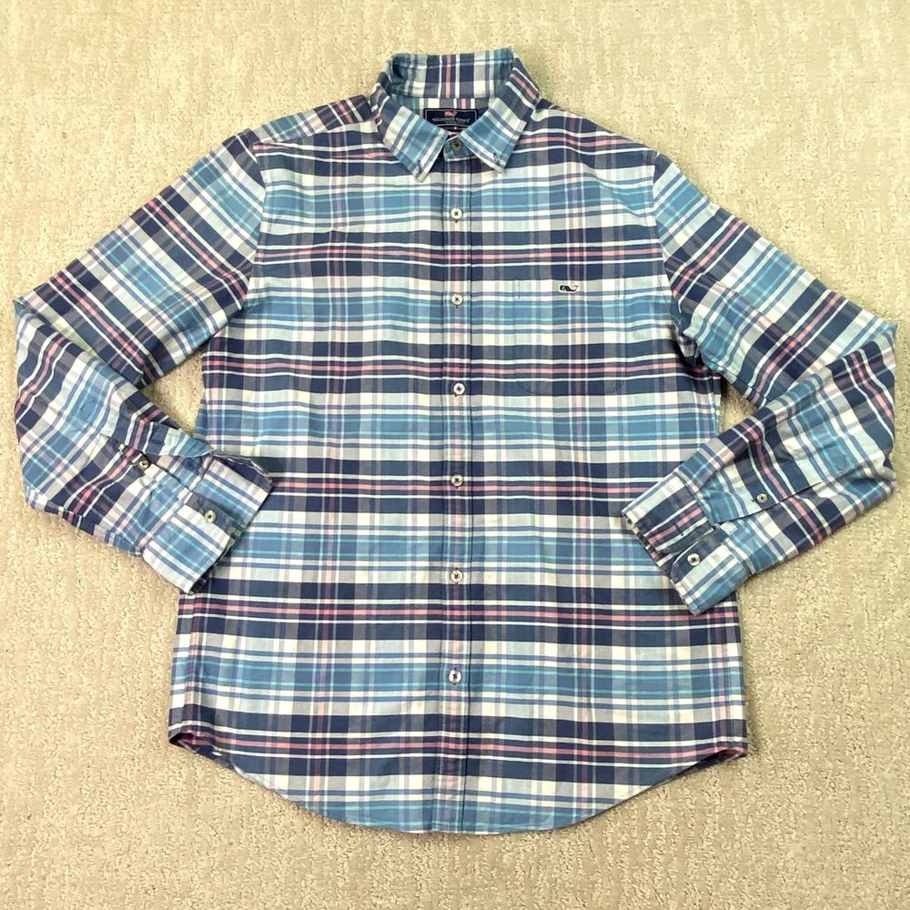 Vineyard Vines Mens Button Down Shirt Medium Blue Pink Plaid Long Sleeve*